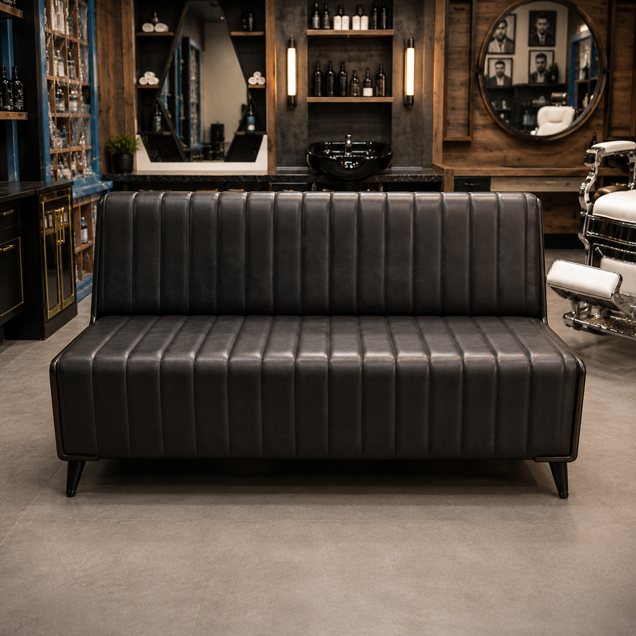 Shop the Customer Waiting Bench in the UK for durable, comfortable customer seating in barbershop and salon reception or waiting areas.
