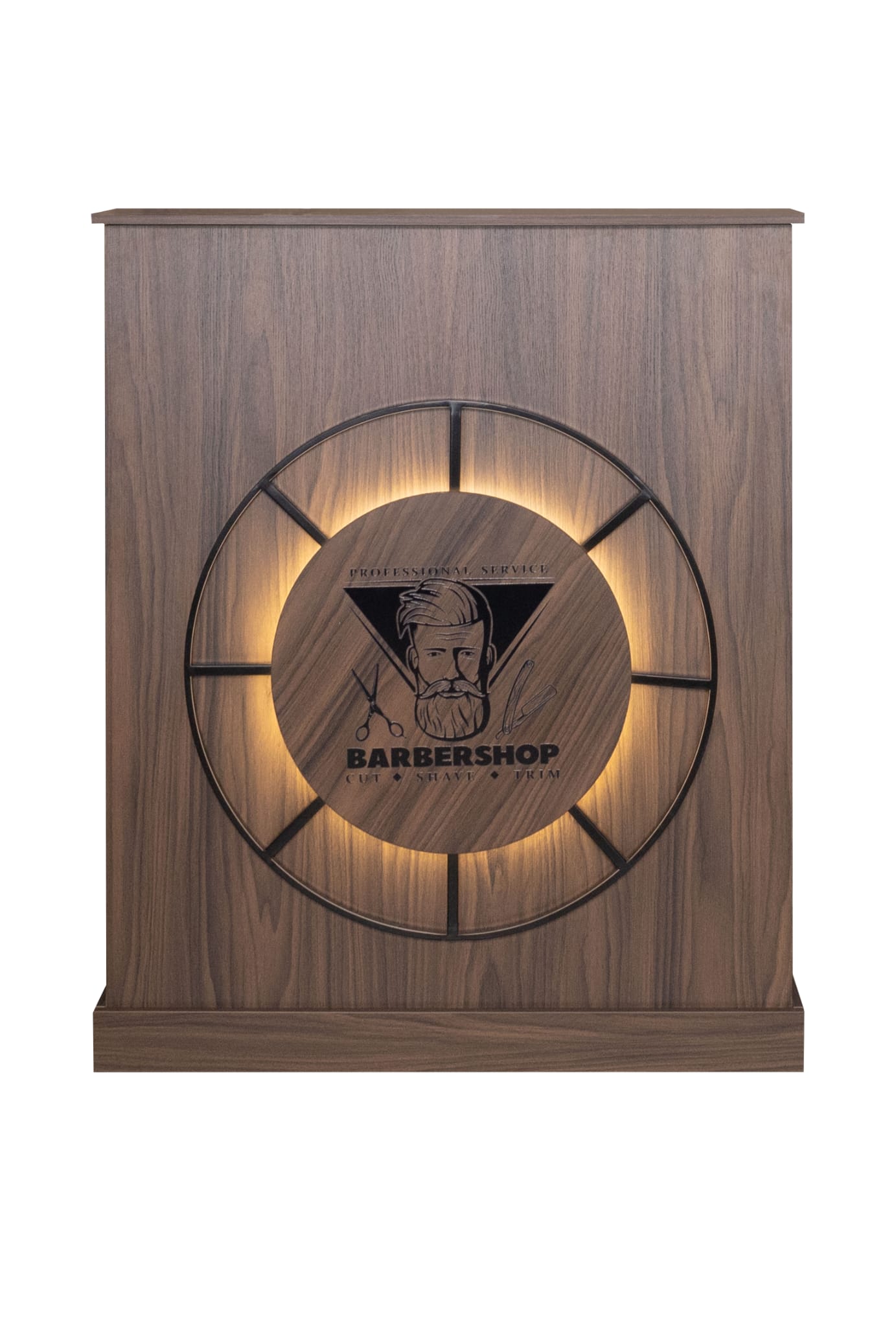 Upgrade your salon entrance with this premium wooden barber reception desk featuring an illuminated LED front panel. Durable commercial construction, modern styling and professional design for barbershops across the UK. My Barber Supplier.