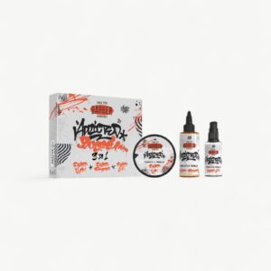 Three-piece tobacco and vanilla beard-care set containing shampoo, oil and styling wax.