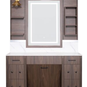 Upgrade your salon with this luxury double gold mirror barber station featuring elegant illuminated mirrors, integrated storage drawers and premium styling. Perfect for modern barber shops and hair salons throughout the UK. My Barber Supplier.