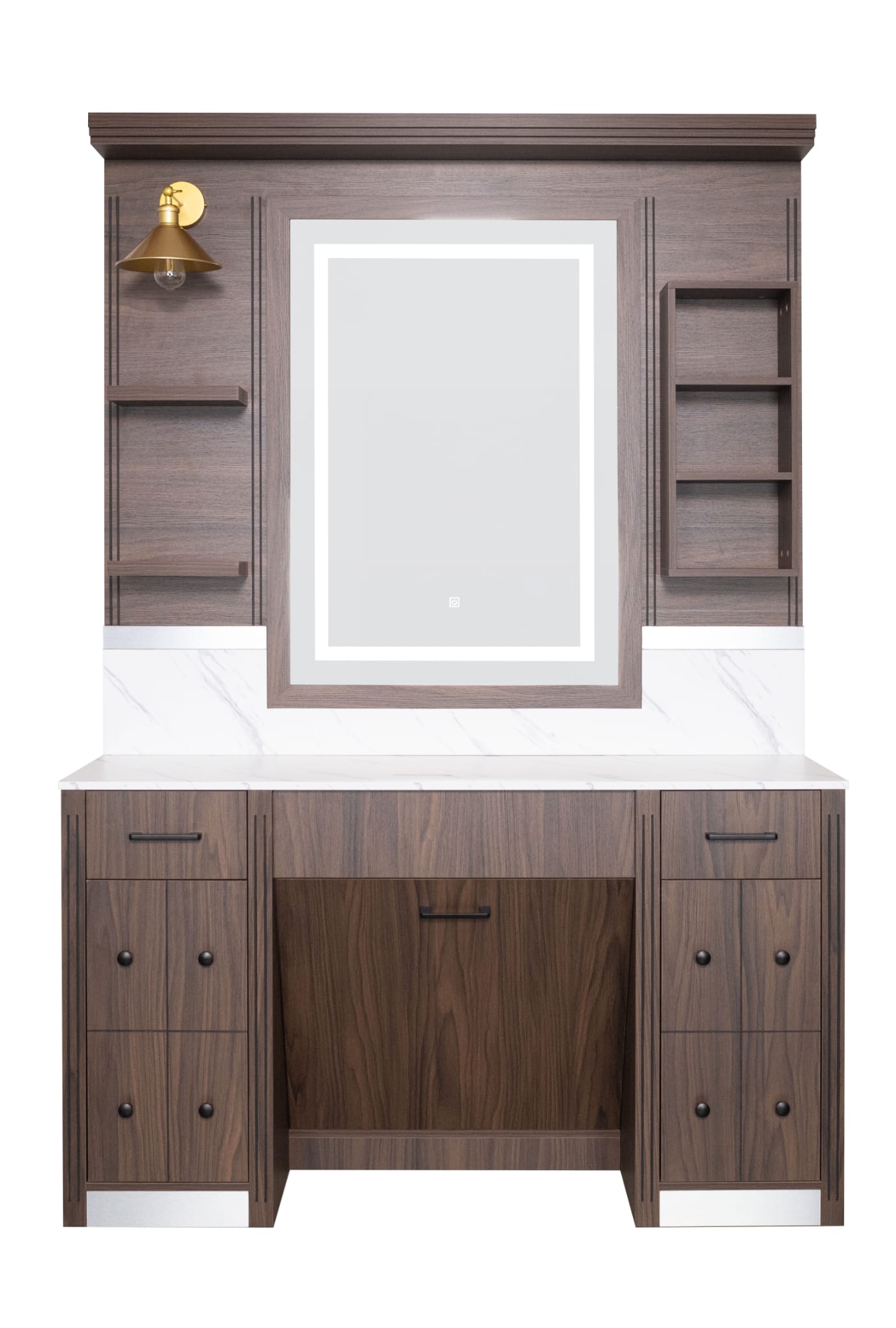 Upgrade your salon with this luxury double gold mirror barber station featuring elegant illuminated mirrors, integrated storage drawers and premium styling. Perfect for modern barber shops and hair salons throughout the UK. My Barber Supplier.
