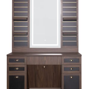 Premium walnut barber station with LED illuminated mirror, multiple storage drawers, display shelves and spacious worktop. Designed for professional barber shops and hair salons throughout the UK. My Barber Supplier.