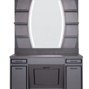 Modern grey barber station featuring a curved LED illuminated mirror, built-in storage cabinets, display shelves and a spacious workstation. Premium barber furniture designed for professional barber shops and salons in the UK. My Barber Supplier.