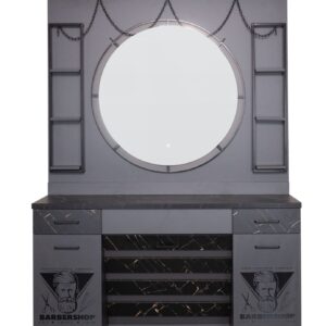 Modern grey barber station featuring a curved LED illuminated mirror, built-in storage cabinets, display shelves and a spacious workstation. Premium barber furniture designed for professional barber shops and salons in the UK. My Barber Supplier.