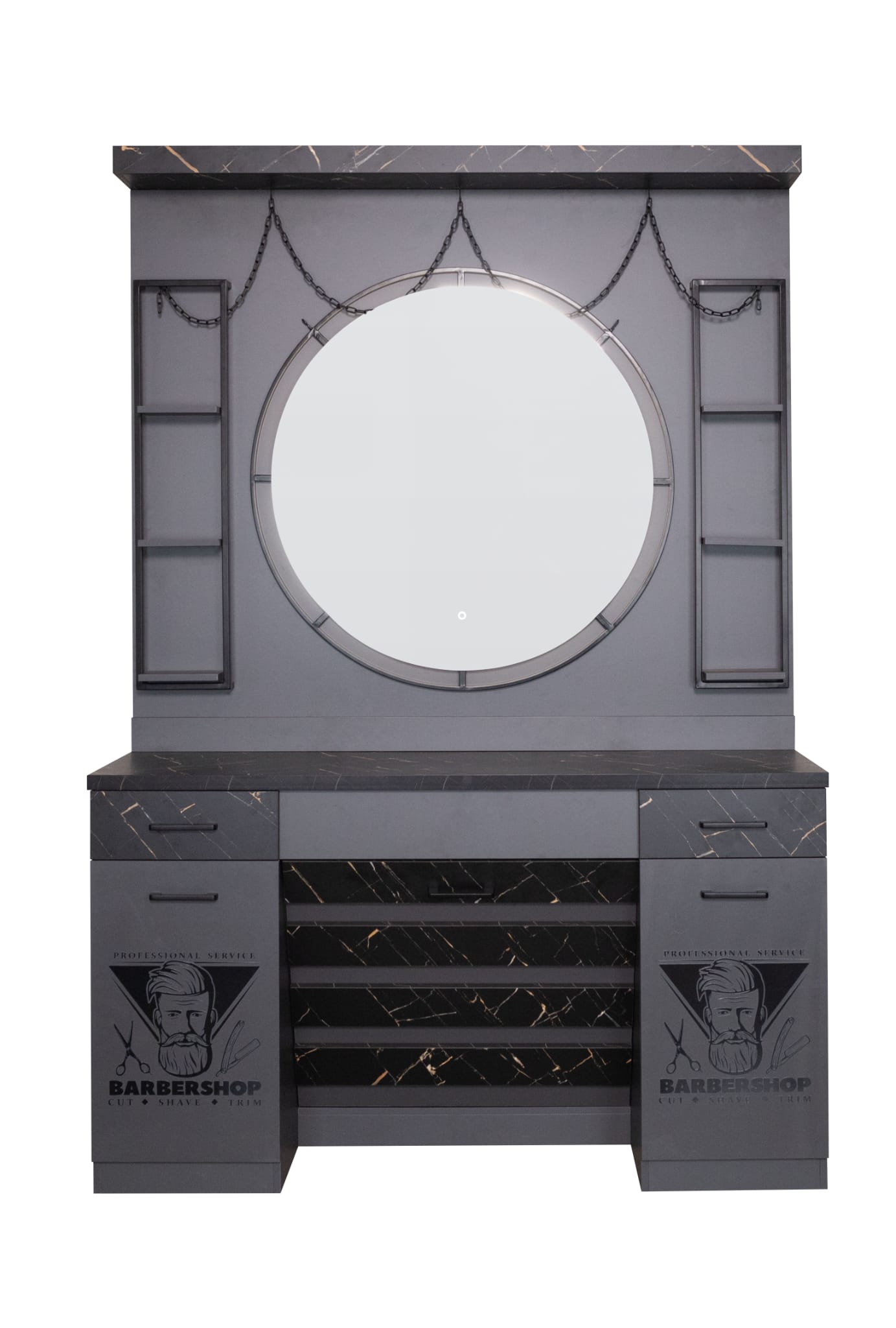 Modern grey barber station featuring a curved LED illuminated mirror, built-in storage cabinets, display shelves and a spacious workstation. Premium barber furniture designed for professional barber shops and salons in the UK. My Barber Supplier.