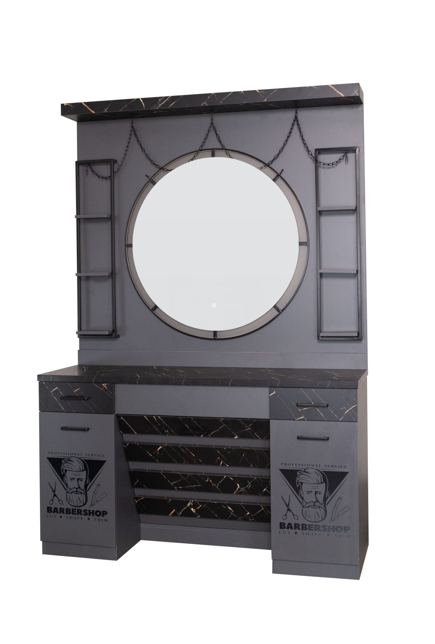 Industrial Round Mirror Barber Station with Marble Finish - Image 2