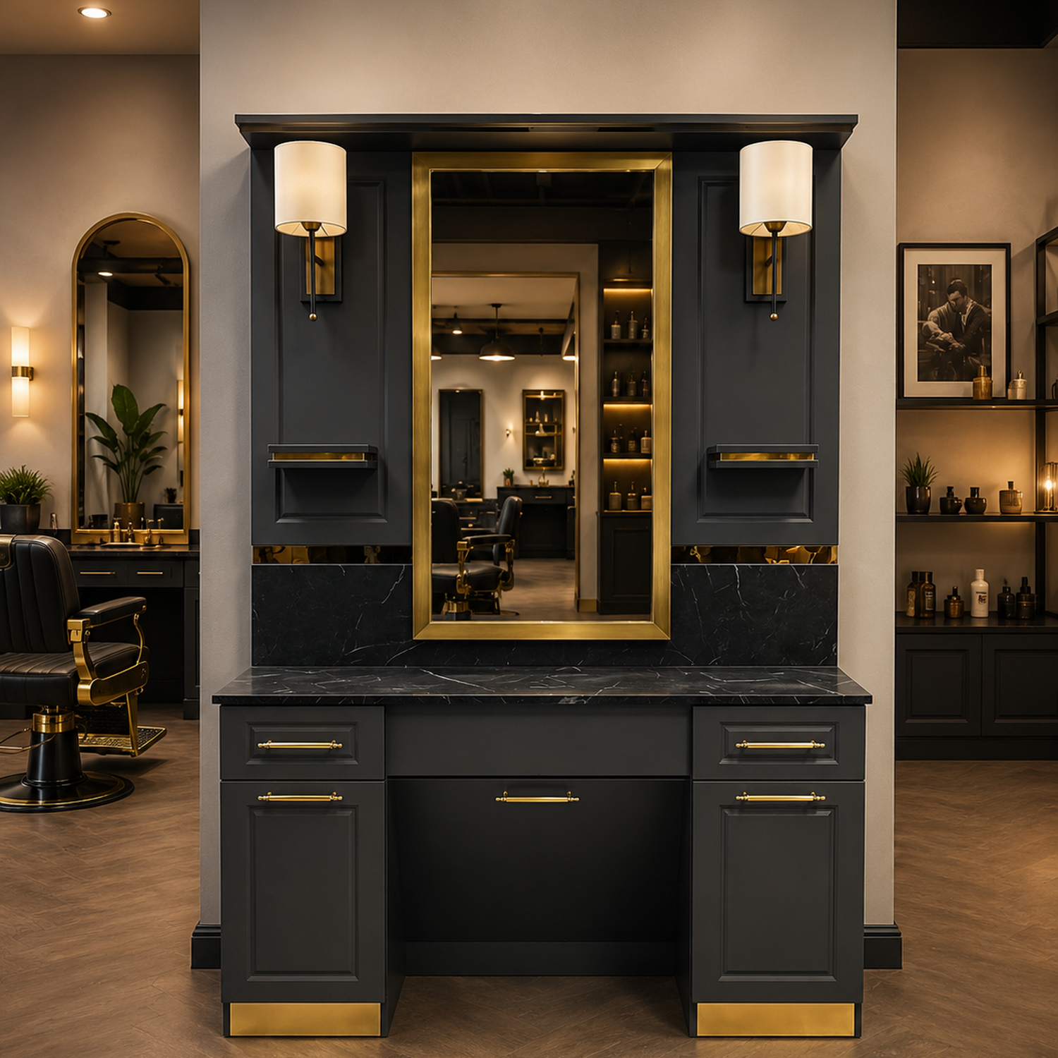 Luxury Black & Gold Barber Station with Mirror | Premium Salon Unit