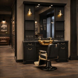 Luxury Black & Gold Barber Station with Mirror | Premium Salon Unit
